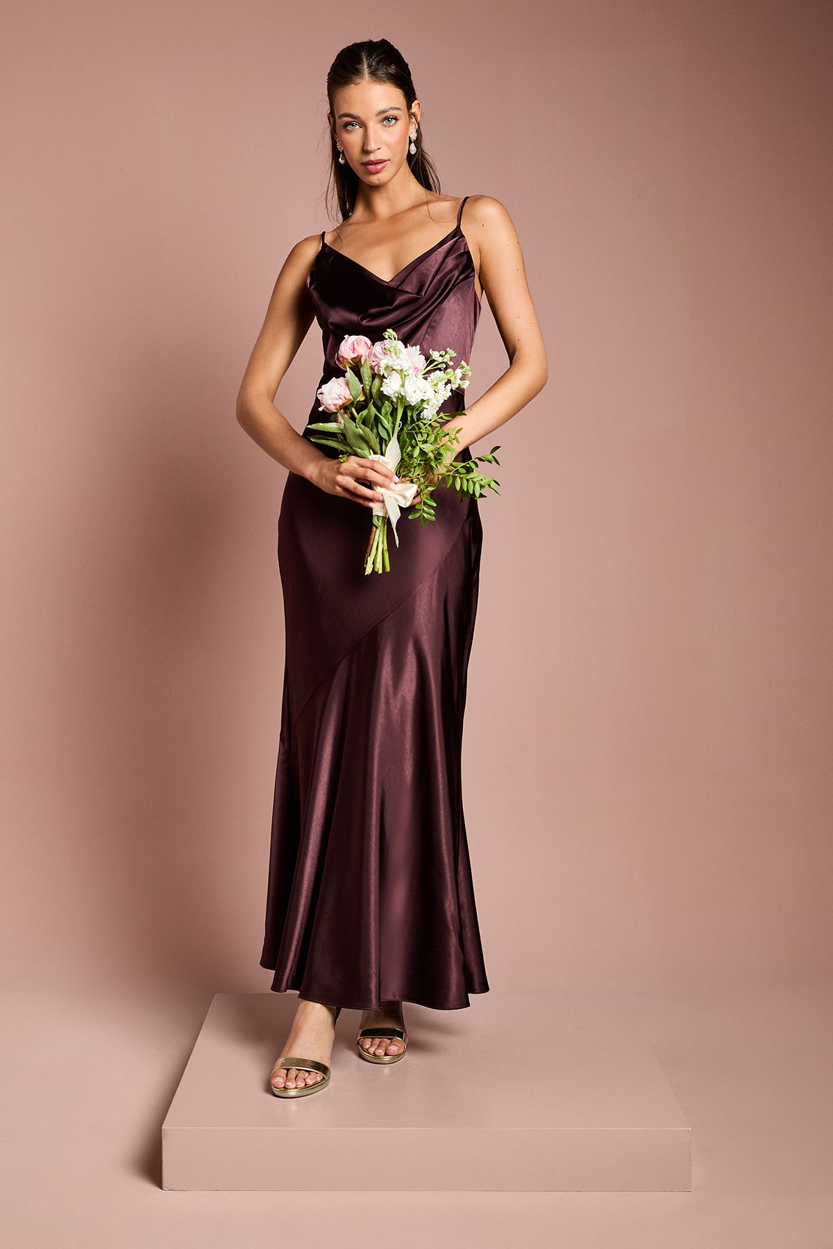 Coast Satin Strappy Cowl Neck Fishtail Maxi Bridesmaid Dress Espresso image 1