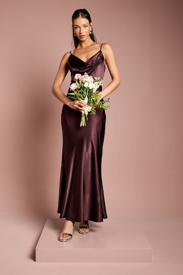 Coast Satin Strappy Cowl Neck Fishtail Maxi Bridesmaid Dress Espresso