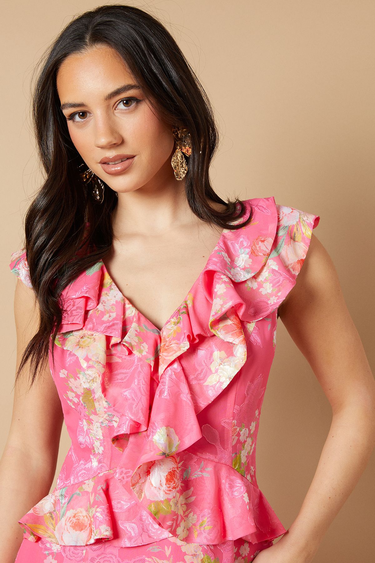 Oasis Floral Ruffle Detail V Neck Midi Dress Bubblegum image 3