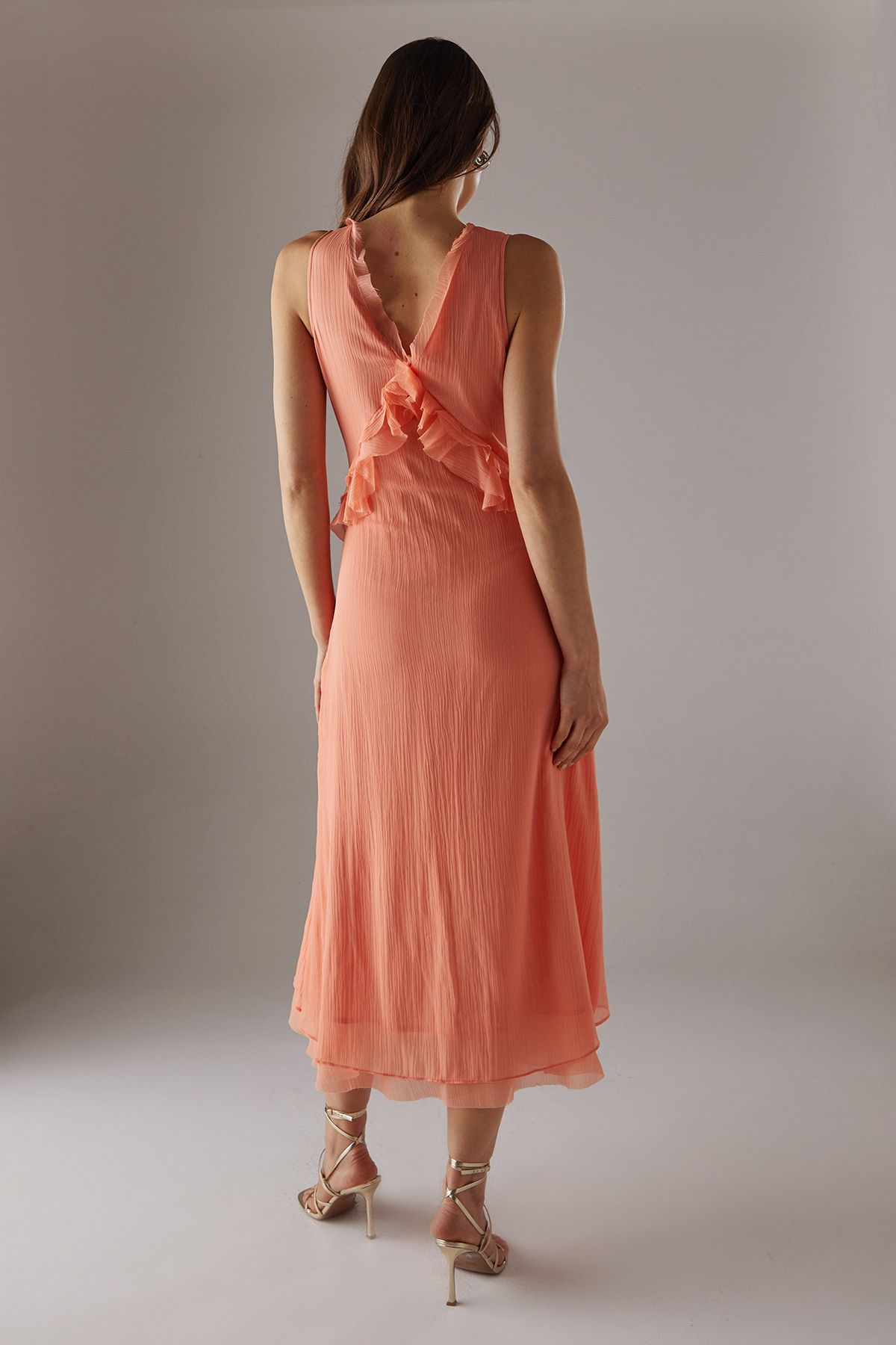 Warehouse Premium Raw Edge Ruffle Detail Slip Dress Peach image 3