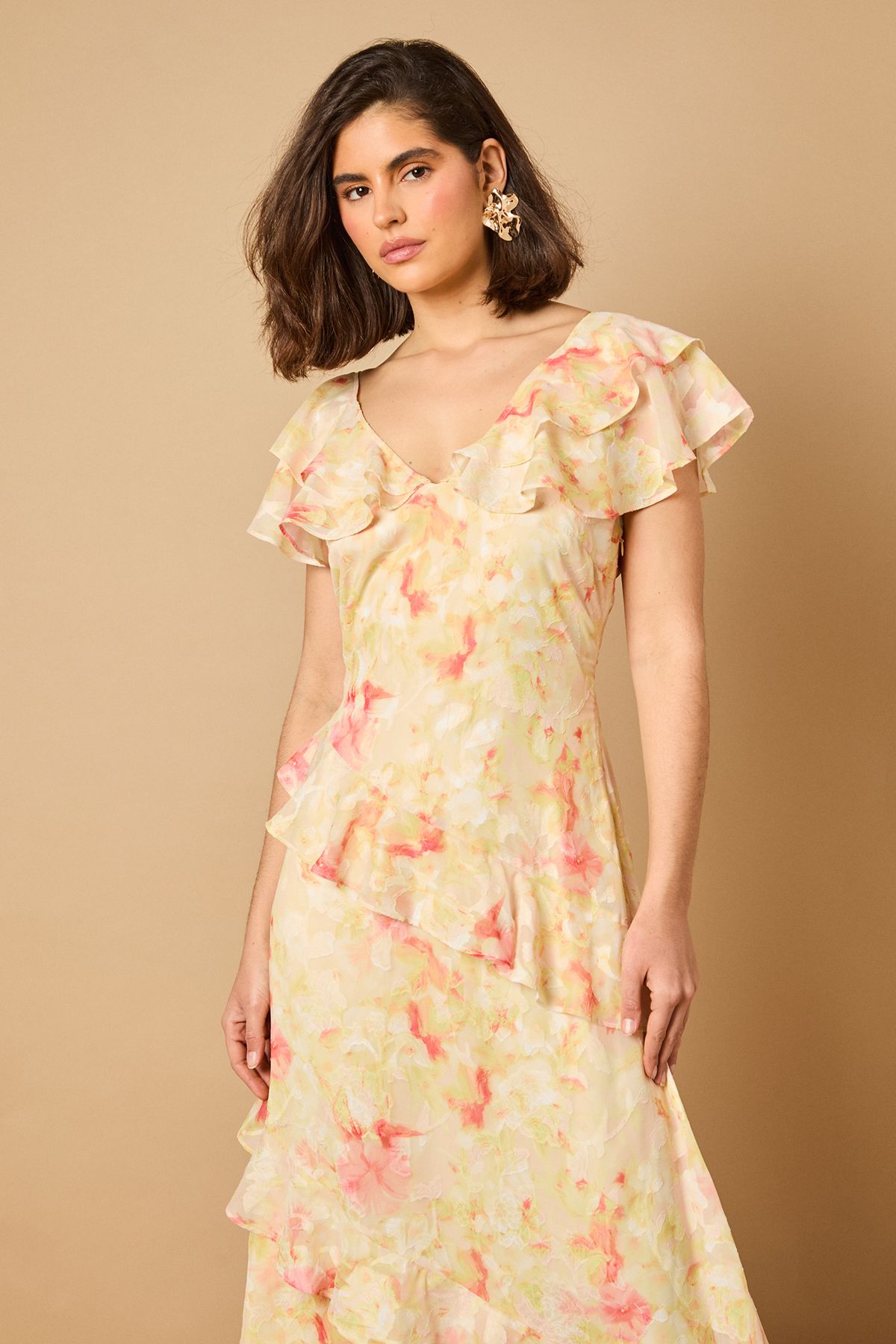 Oasis Ruffle Sleeve Jacquard Midi Dress Yellow image 3