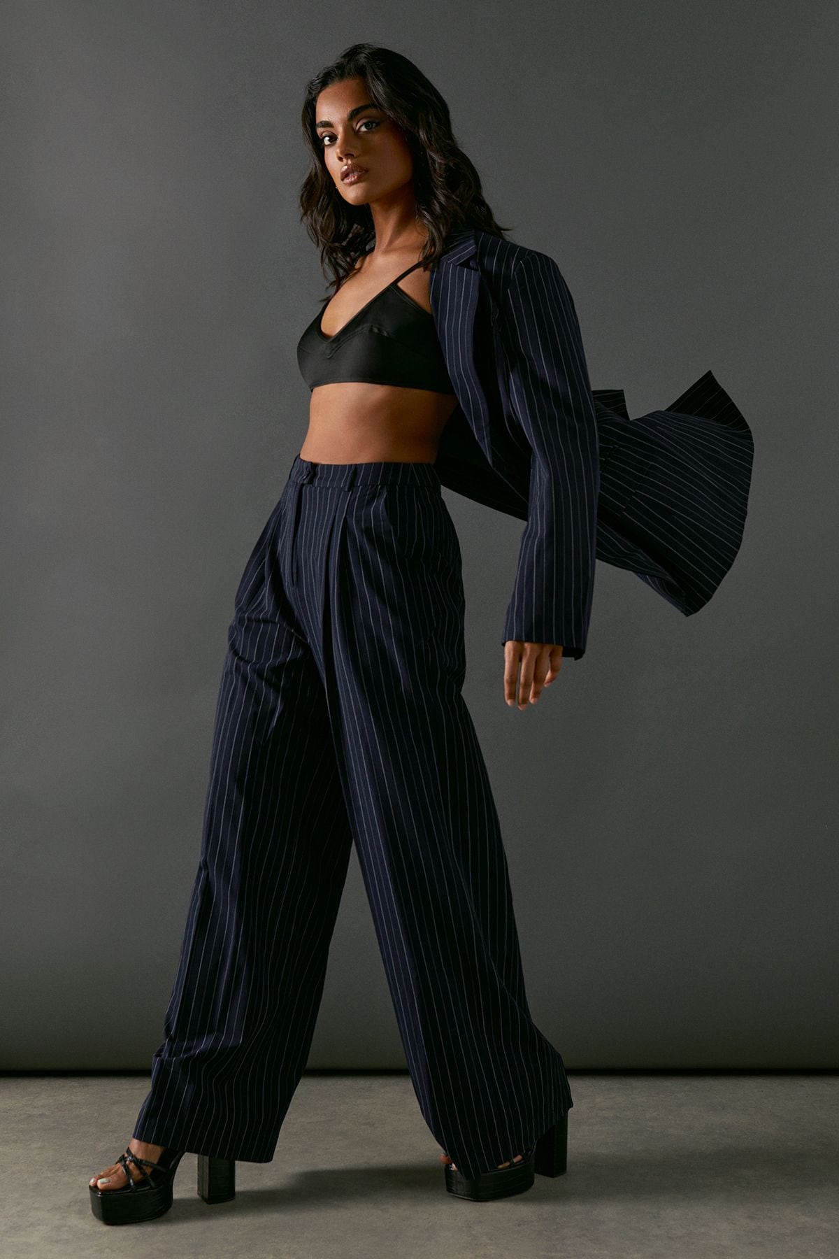 Warehouse Heavy Satin Strappy Seaming Bralette Black image 2