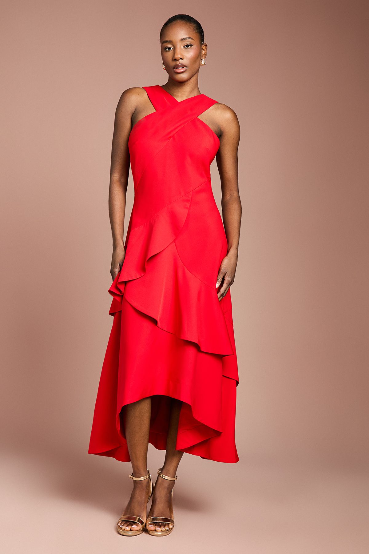 Coast Cross Neck Ruffle Crepe Midi Dress Red