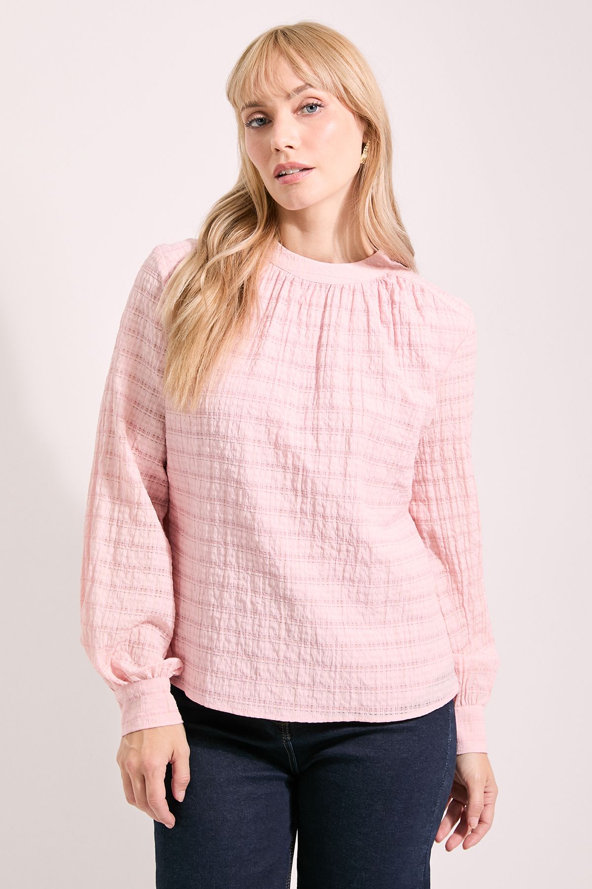 Principles High Neck Textured Tie Back Volume Blouse Light Pink