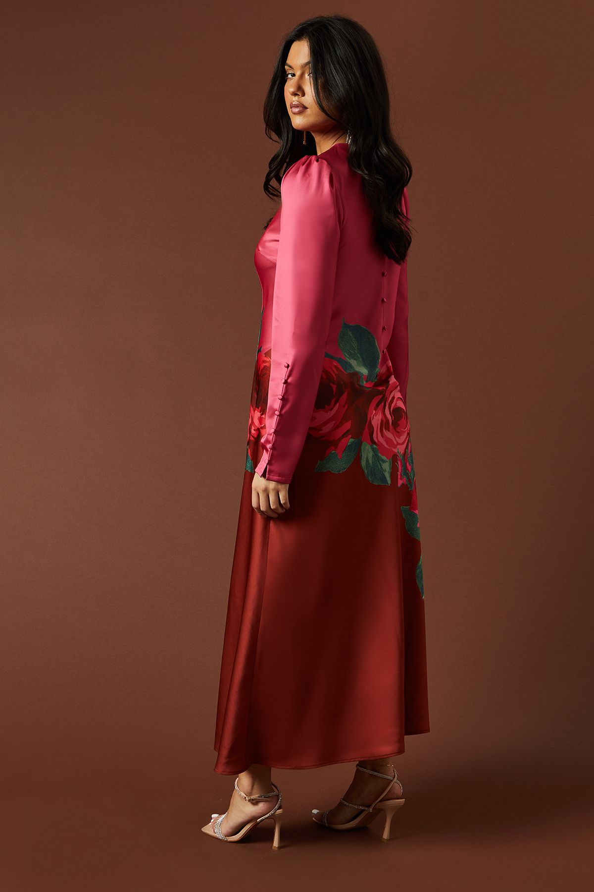 Oasis Premium Satin Placement Print Button Detail Maxi Dress Pink image 3