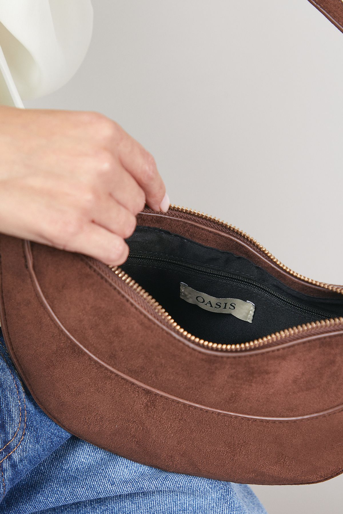 Oasis Relly Faux Suede Half Moon Crossbody Bag Chocolate image 3