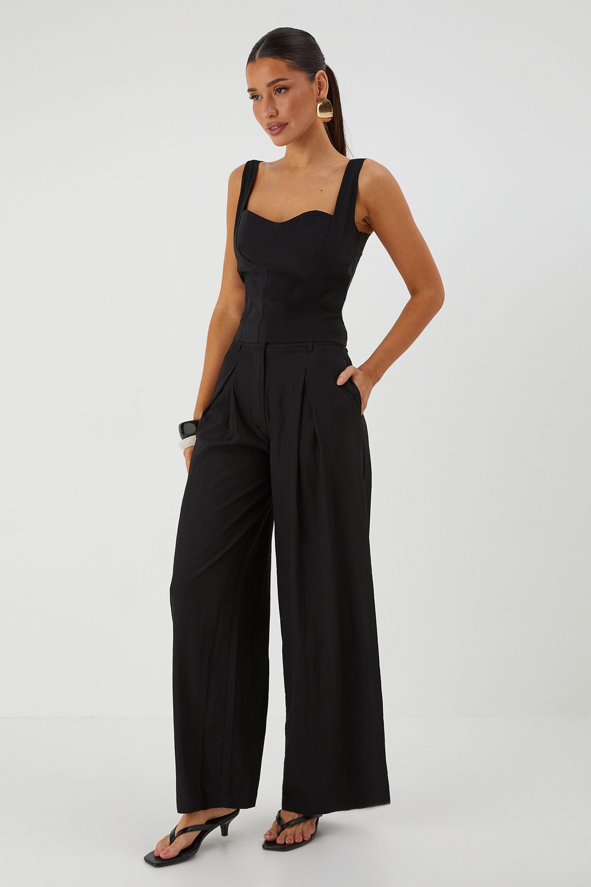MissPap Crinkle Textured Wide Leg Trousers Black image 1
