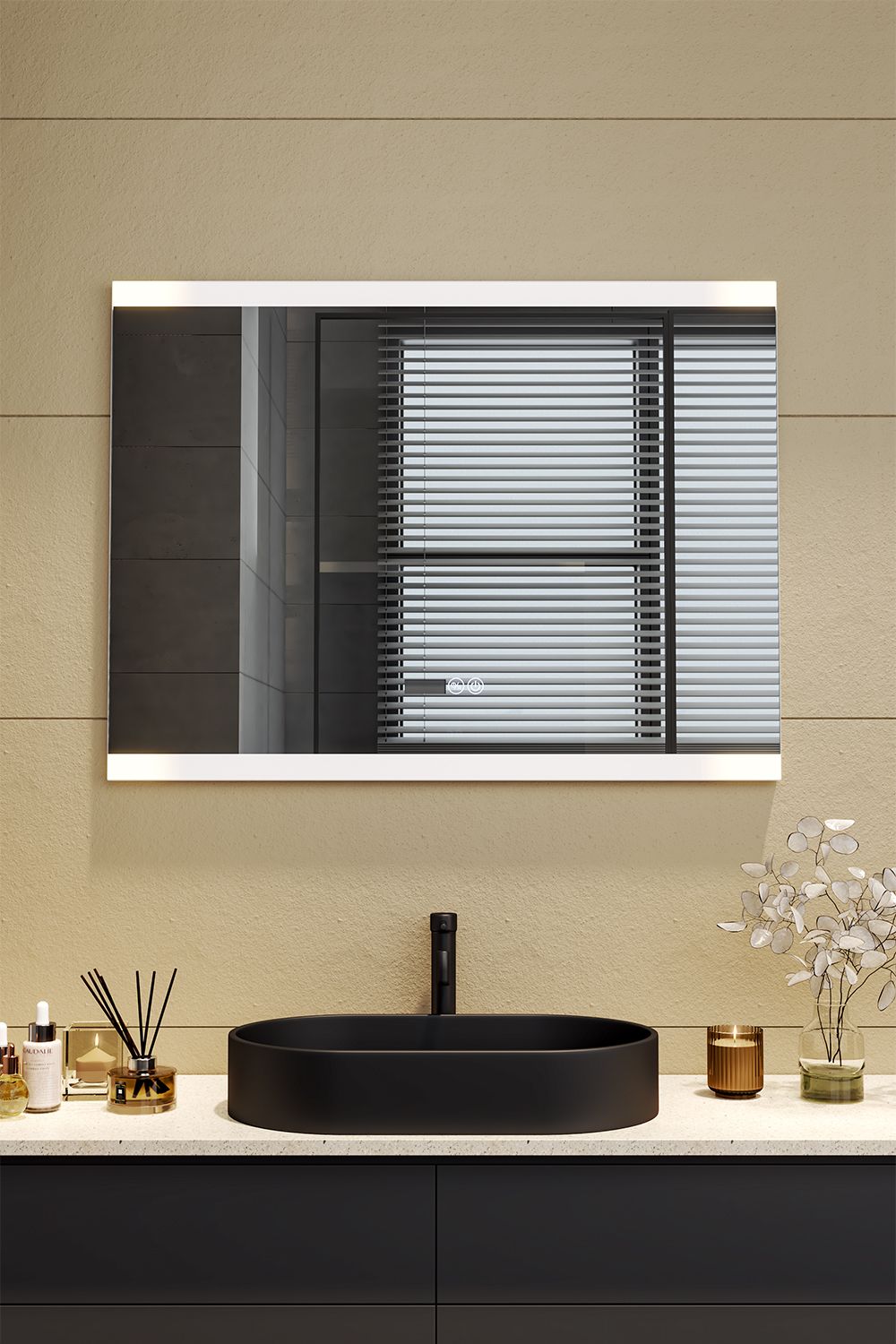 Living and Home Rectangular Frameless Anti-Fog LED Vanity Mirror with Clock image 2