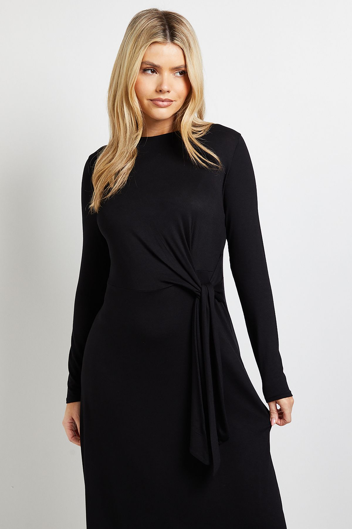 Dorothy Perkins Tie Detail Long Sleeve Jersey Midi Dress Black image 2