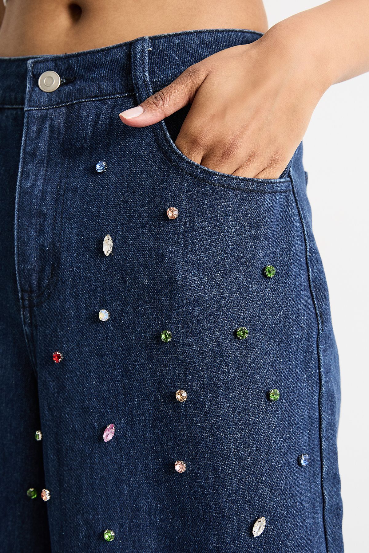 Warehouse Hotfix Embellished High Waisted Wide Leg Denim Jean Indigo image 4