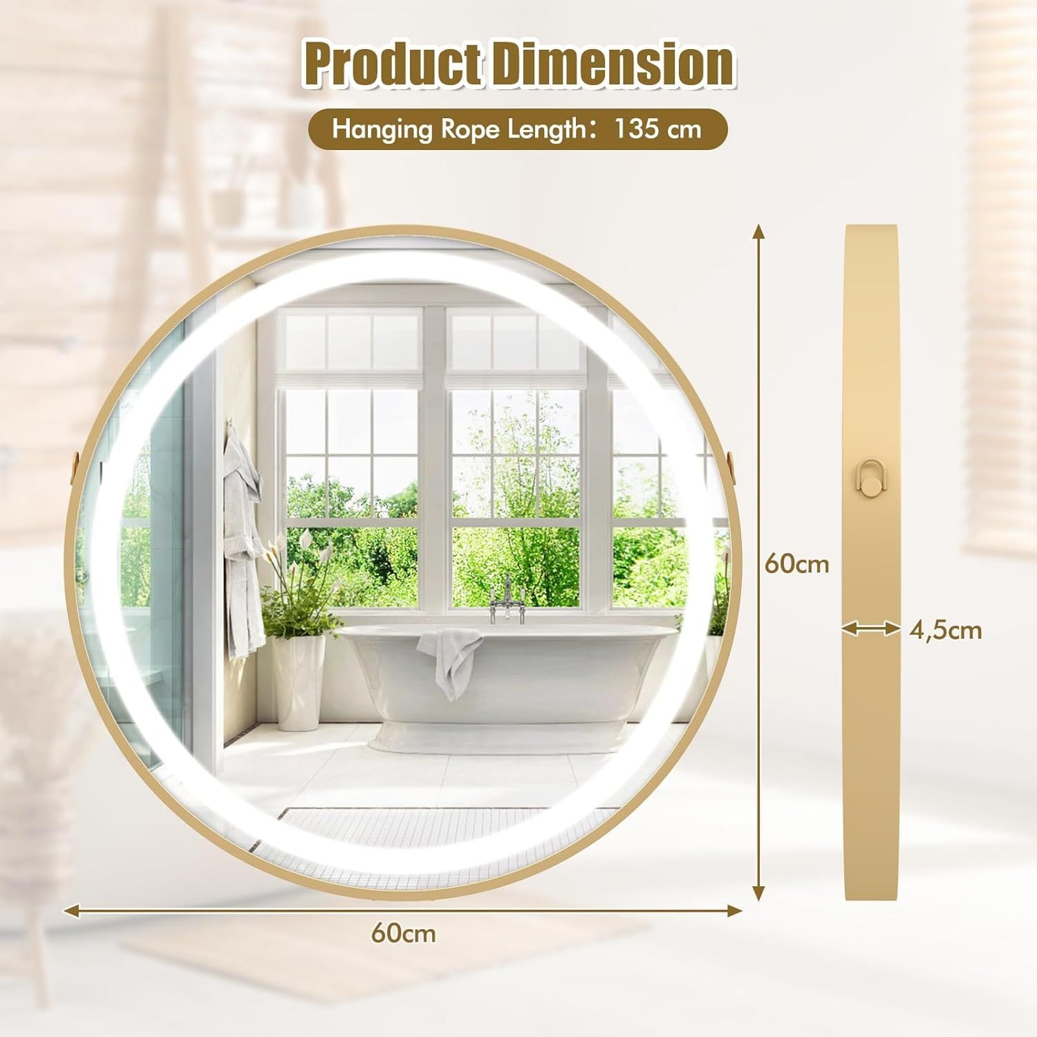 Gymax 60 x 60 CM Bathroom Wall Mirror With Hanging Strap 3 Colors LED Light image 3