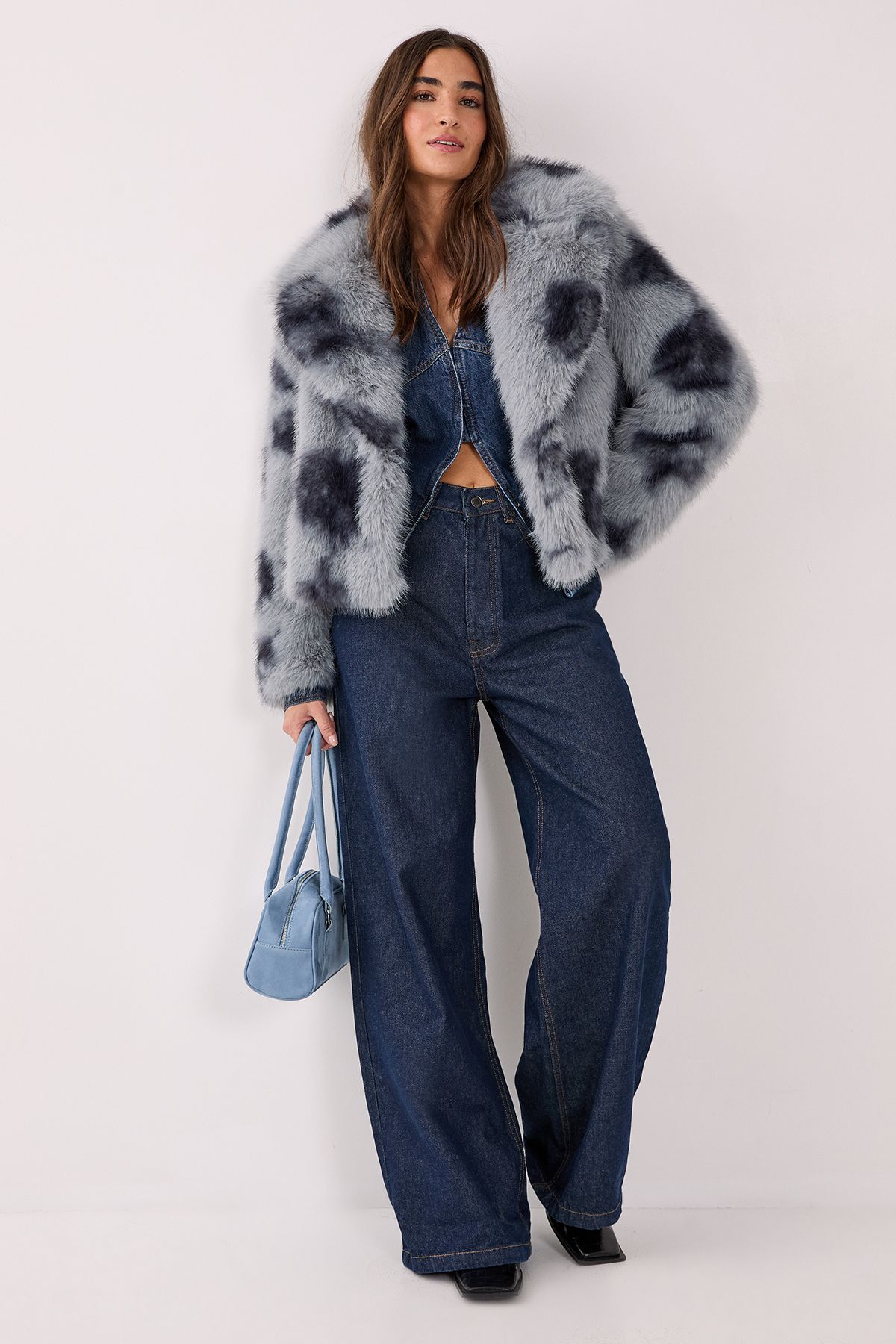 NastyGal Cow Fur Collar Jacket Blue image 2