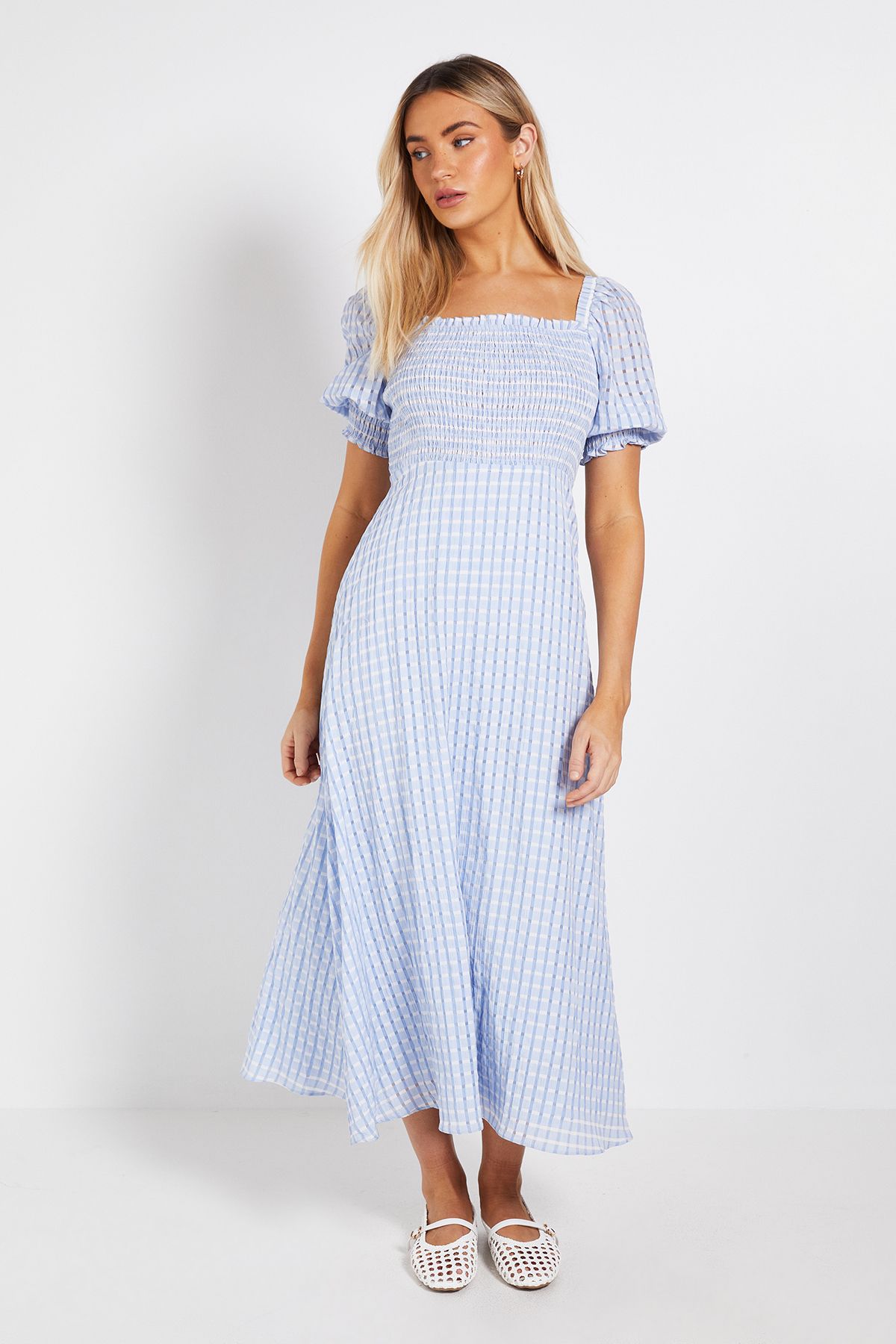 Dorothy Perkins Shirred Bodice Gingham Midi Dress Blue