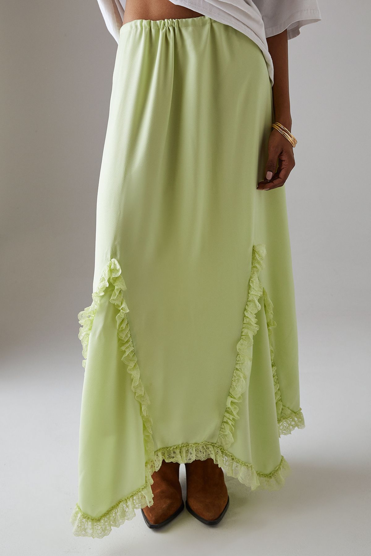 Warehouse Satin Lace Godet Hanky Hem Midi Skirt Apple Green