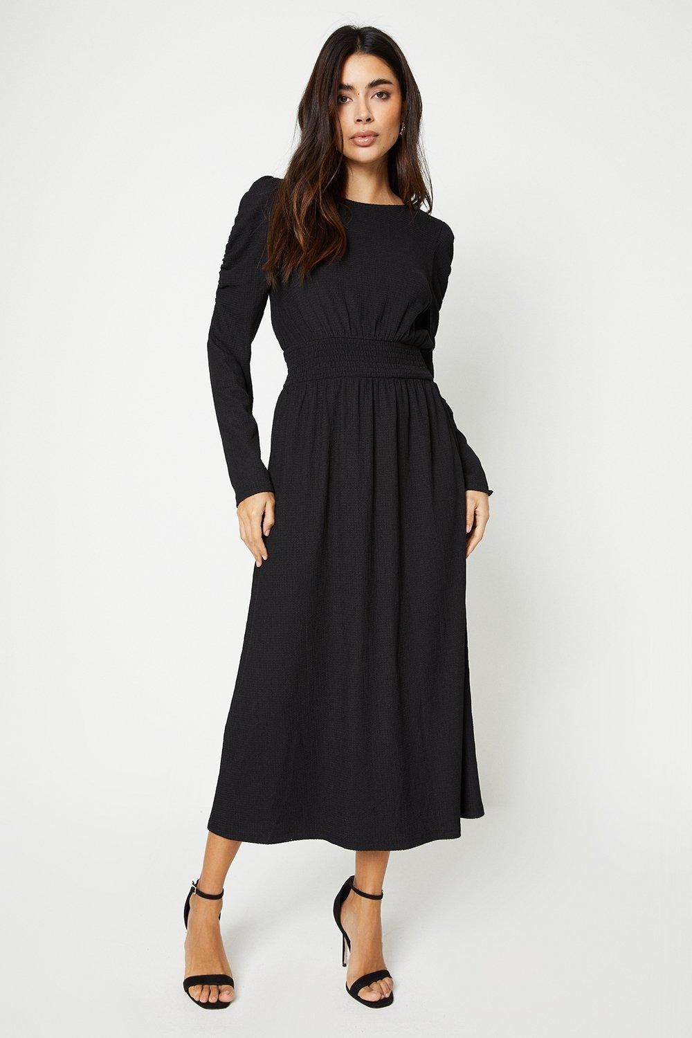 Dorothy Perkins Shirred Waist Long Sleeve Midi Dress Black