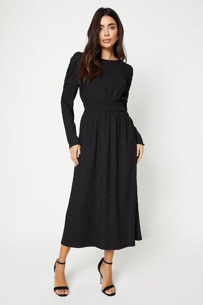 Dorothy Perkins Shirred Waist Long Sleeve Midi Dress Black