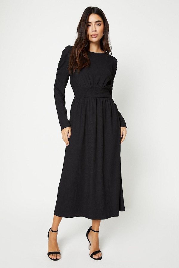 Dorothy Perkins Shirred Waist Long Sleeve Midi Dress Black