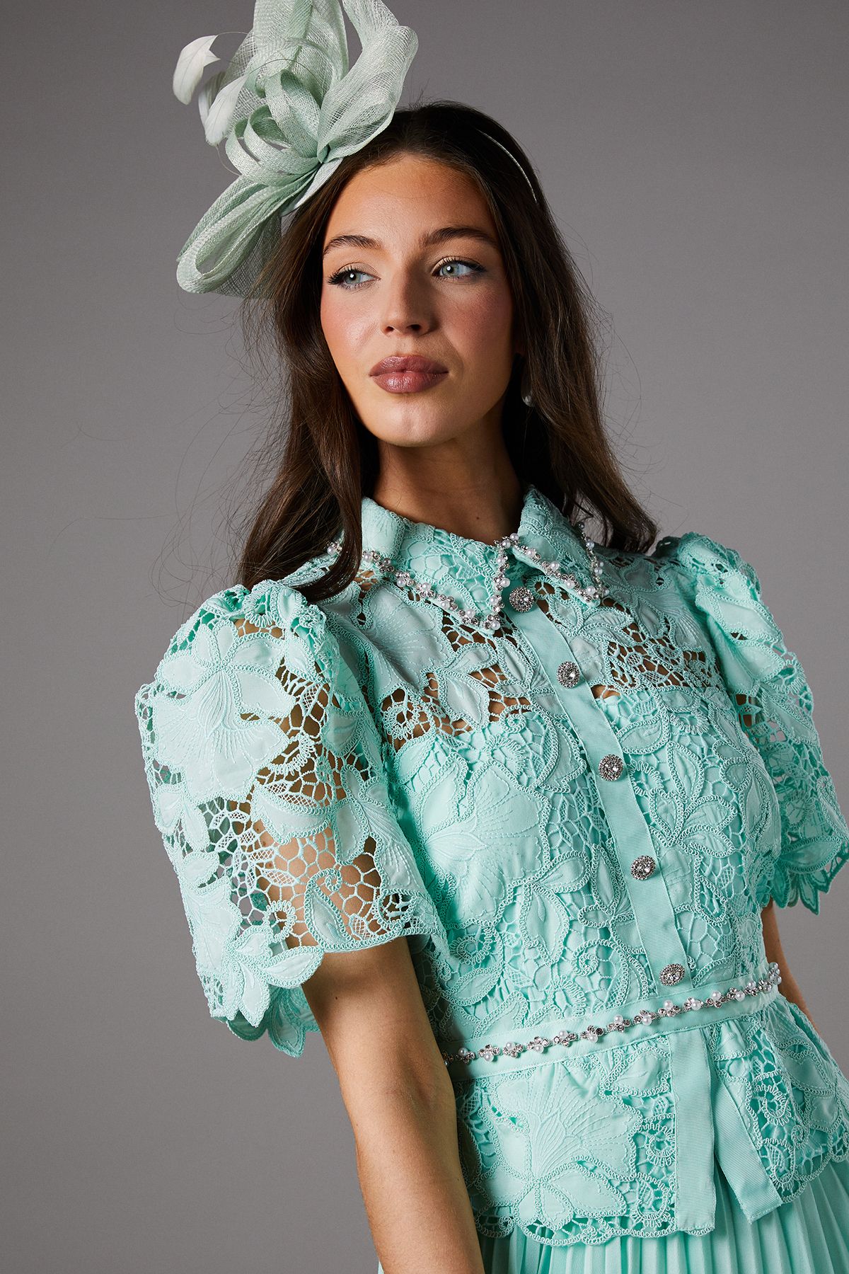 Coast Lace Top Pleat Skirt Jewel Button Dress Sage image 3