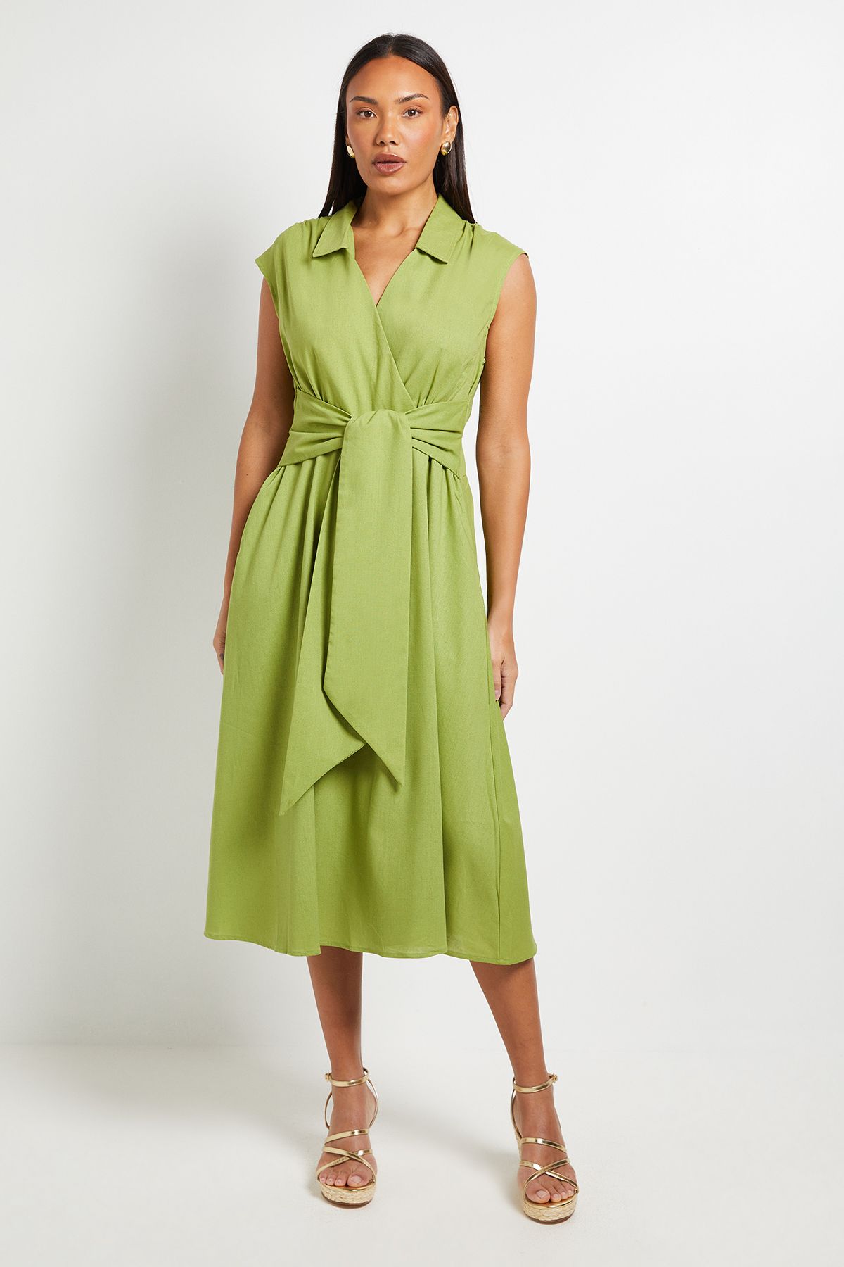 Wallis Principles Linen Blend Belted Midi Dress Green
