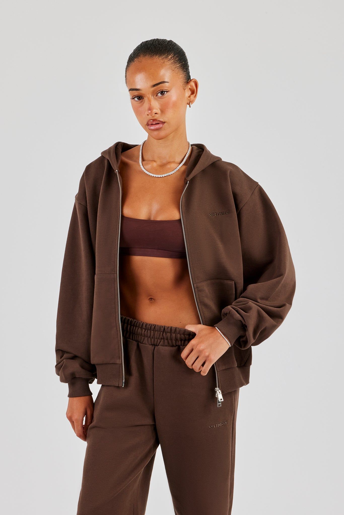 Cernucci Oversized Zip Through Hoodie - Chocolate image 3