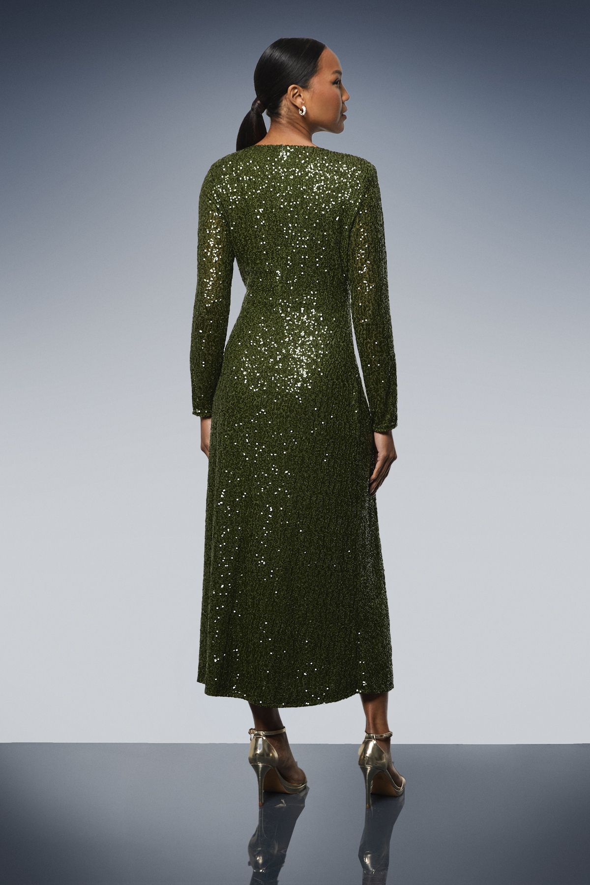 Principles Sequin Gathered Bodice Midaxi Dress Olive image 3