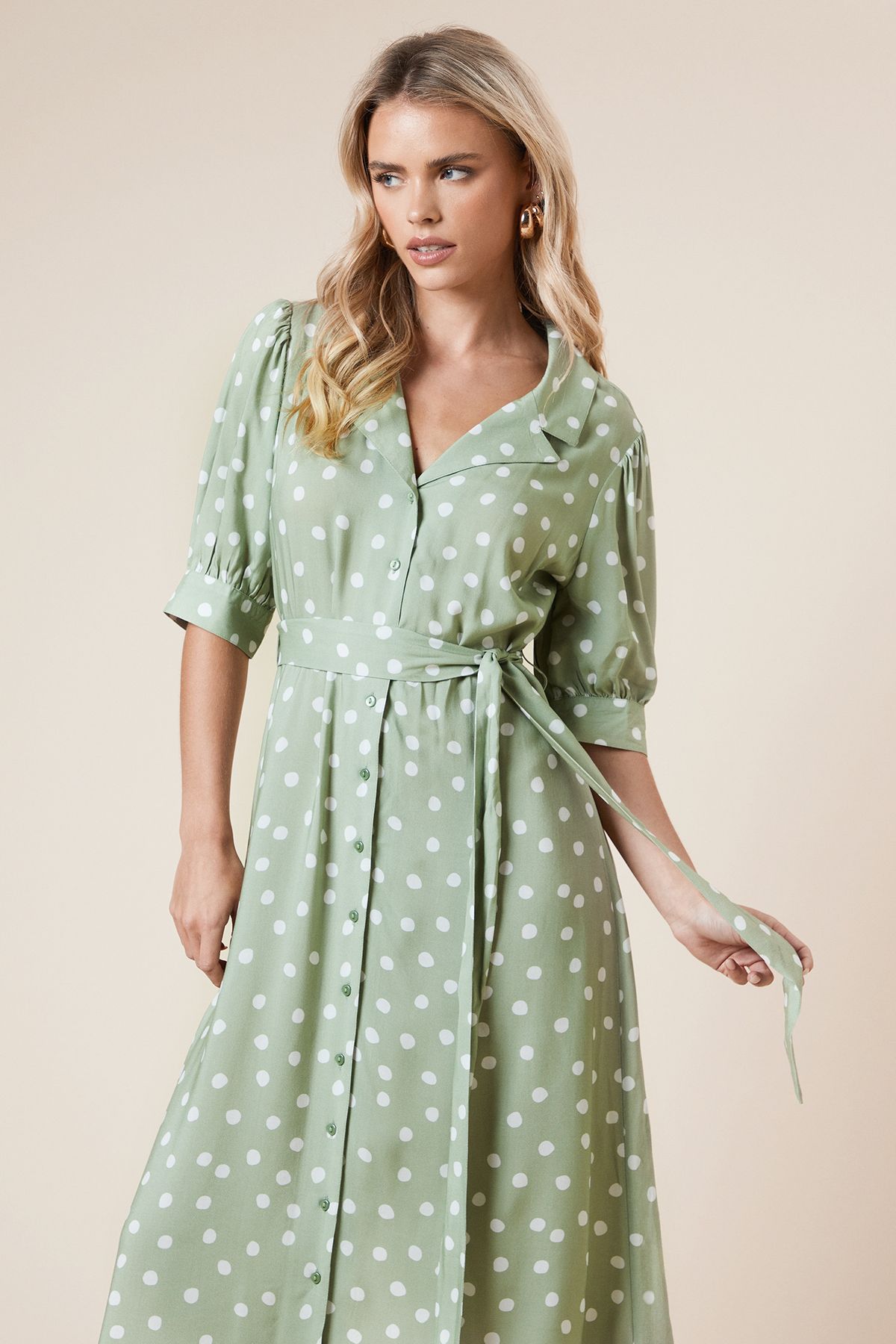 Dorothy Perkins Petite Green Spot Belted Puff Sleeve Shirt Dress Green image 2