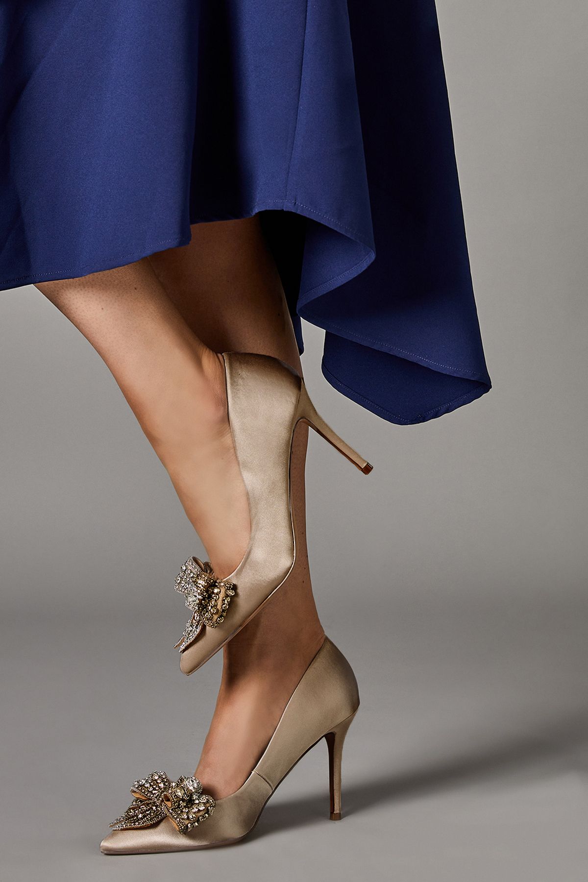 Coast Wide Fit Tania Satin Embellished Bow High Heel Stiletto Court Shoes Mink