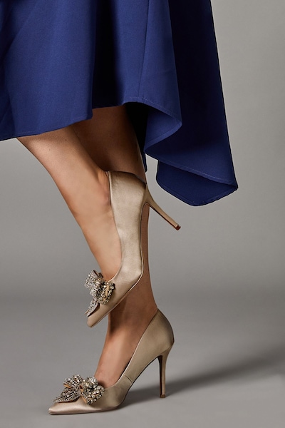 Coast Wide Fit Tania Satin Embellished Bow High Heel Stiletto Court Shoes Mink