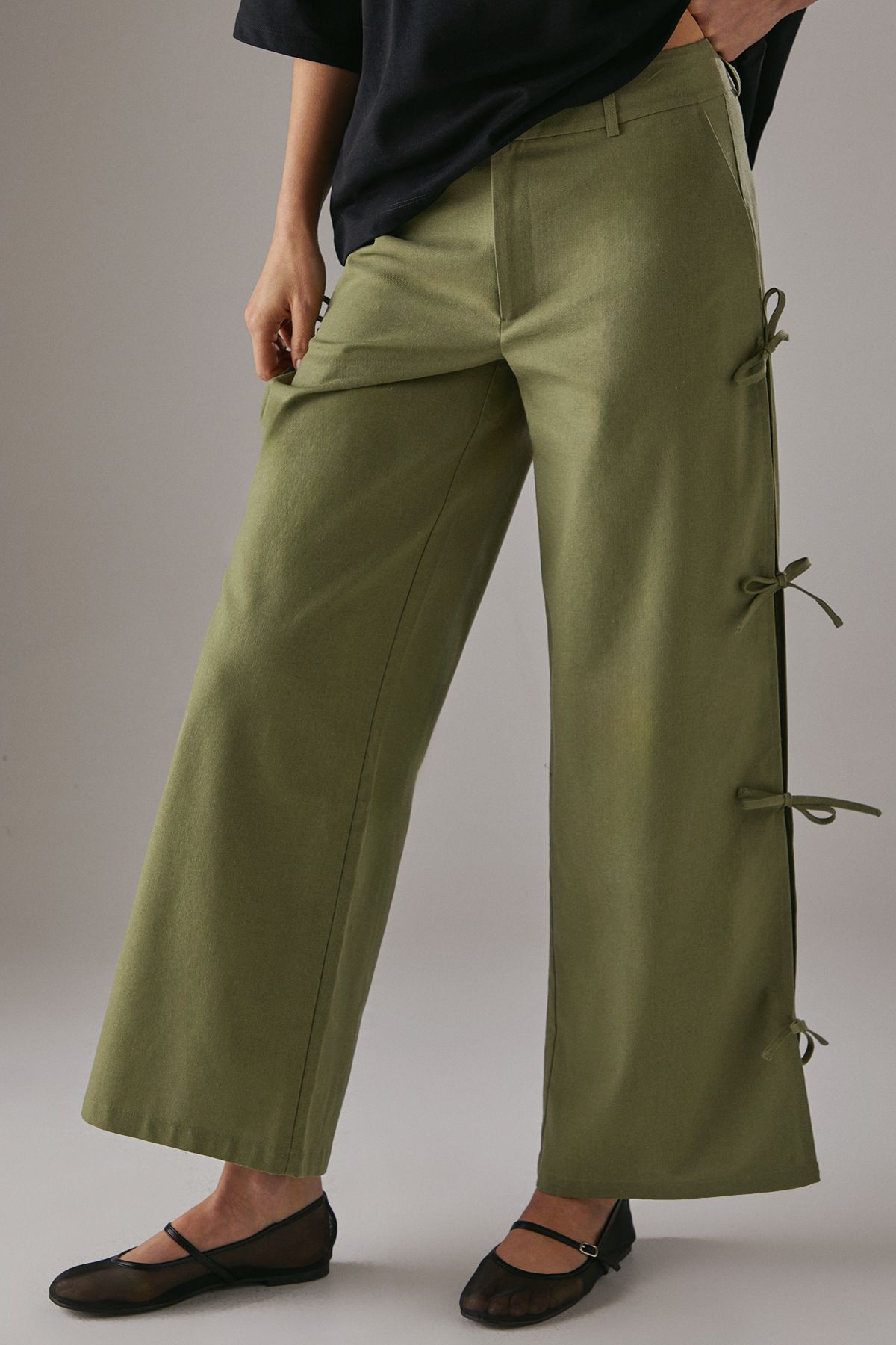 Warehouse Tie Side Wide Leg Trousers Khaki image 2