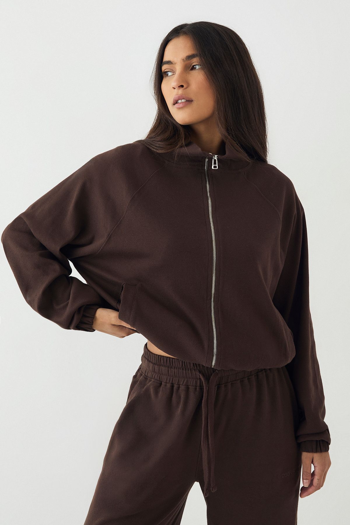 DSGN Studio DSGN Studio Rib Zip Through Funnel Neck Bomber Dark Chocolate image 1