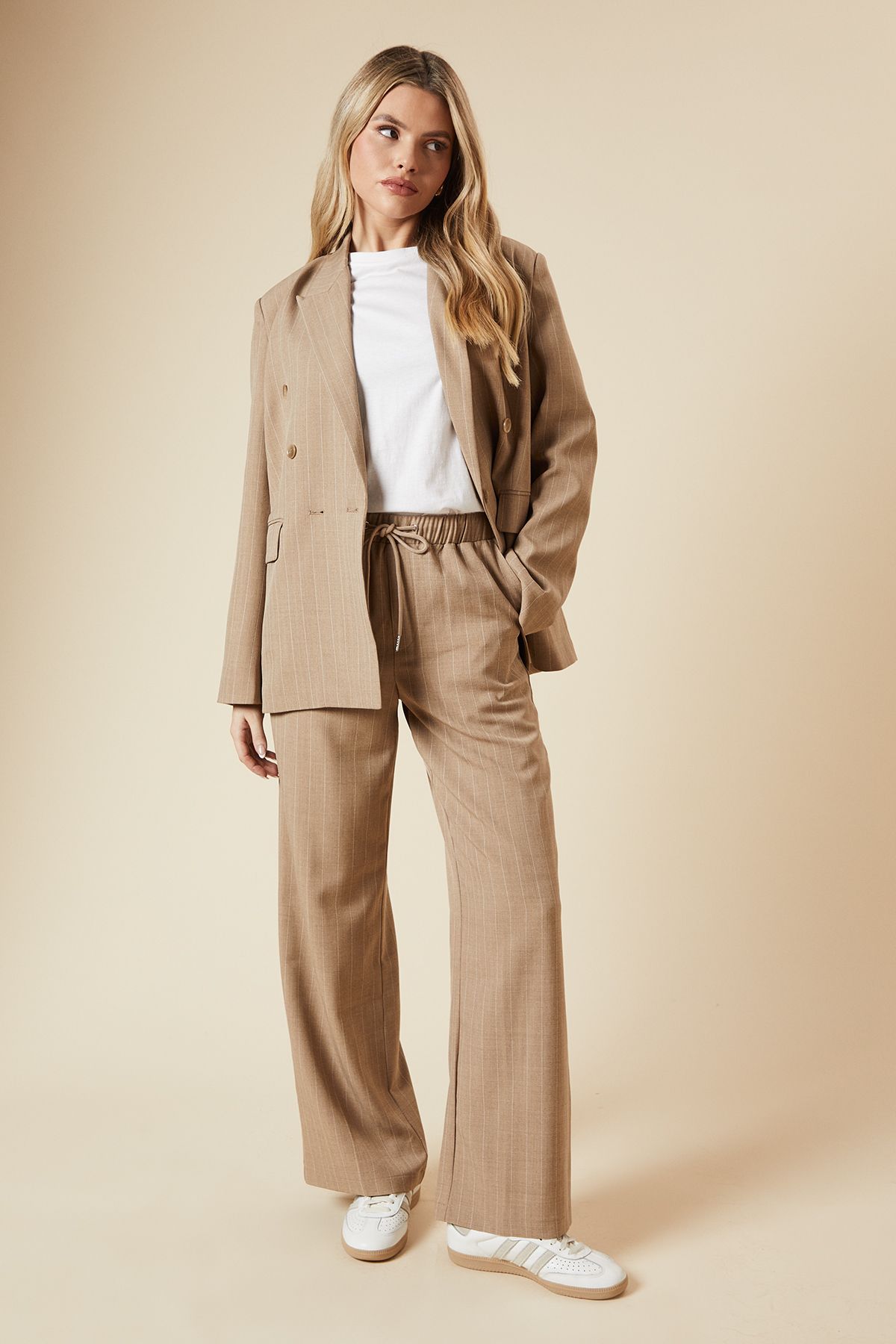 Dorothy Perkins Elasticated Waist Wide Leg Stripe Trouser Stone image 1