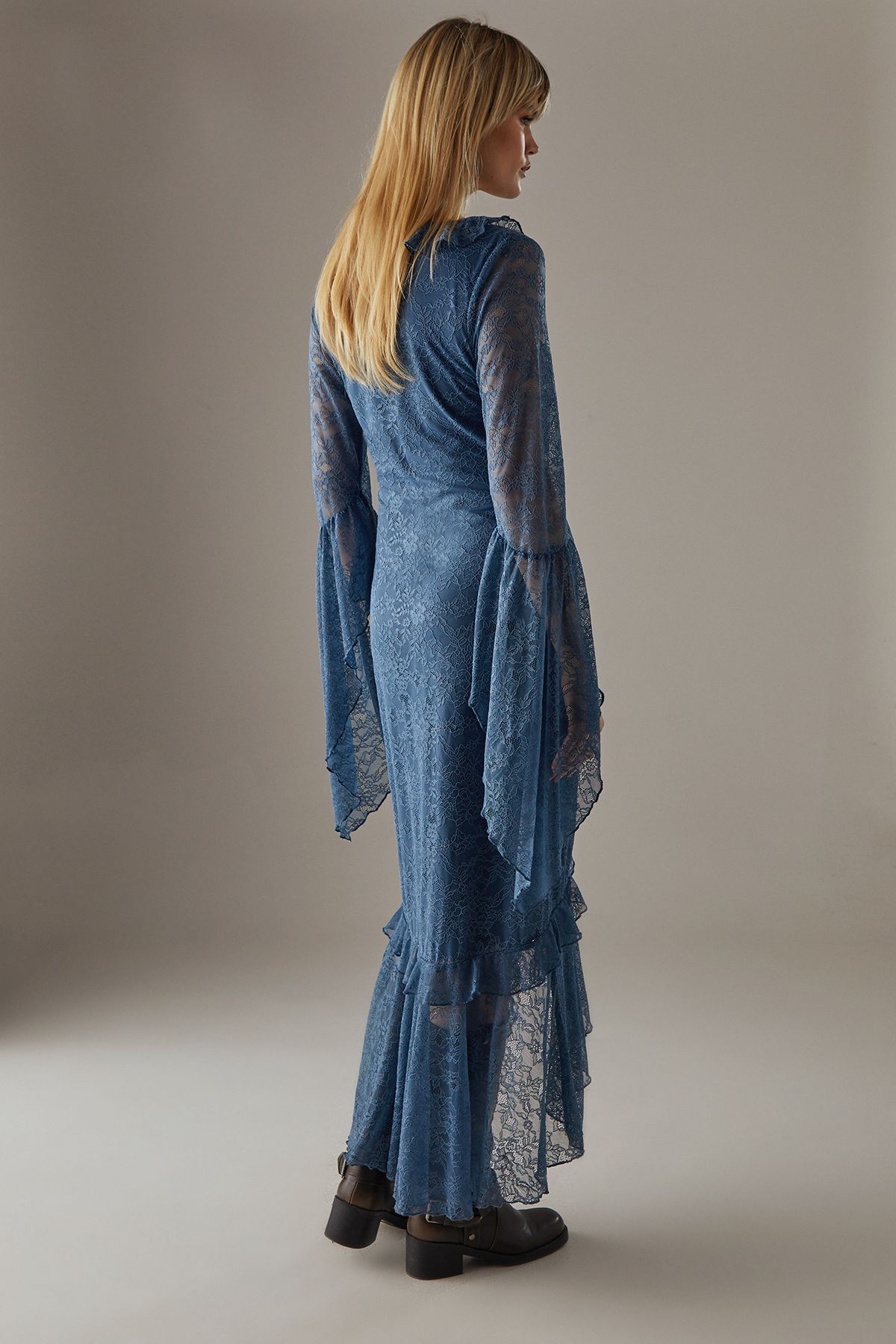Warehouse Lace Button Through Ruffle Maxi Dress Blue image 3
