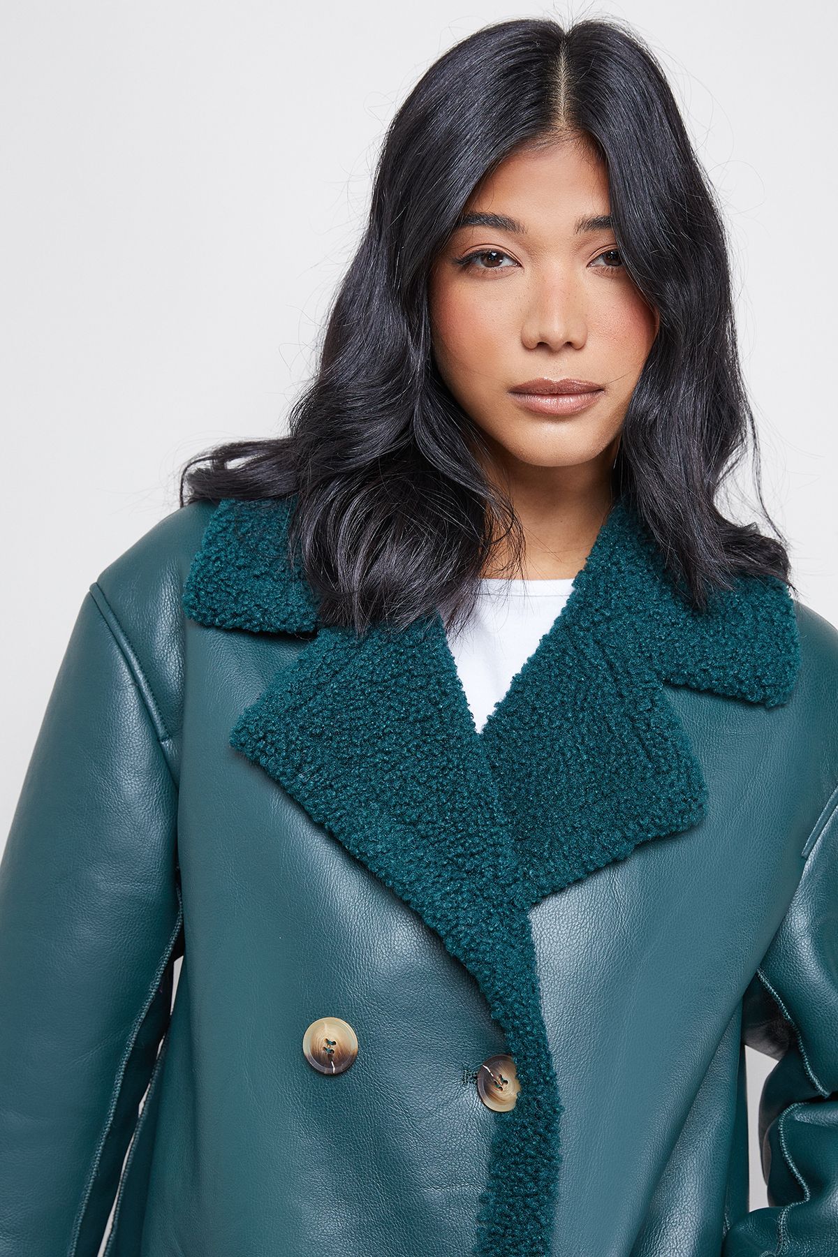 Warehouse Whipstitch Faux Leather Shearling Coat Petrol image 4