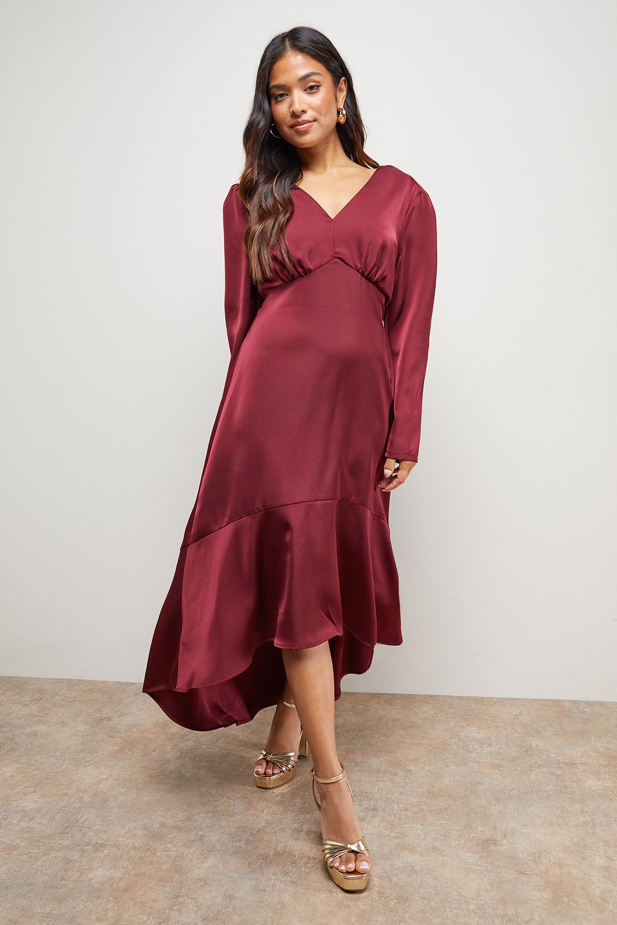 Oasis Petite Satin Puff Sleeve V Neck High Low Hem Midi Dress Merlot image 1