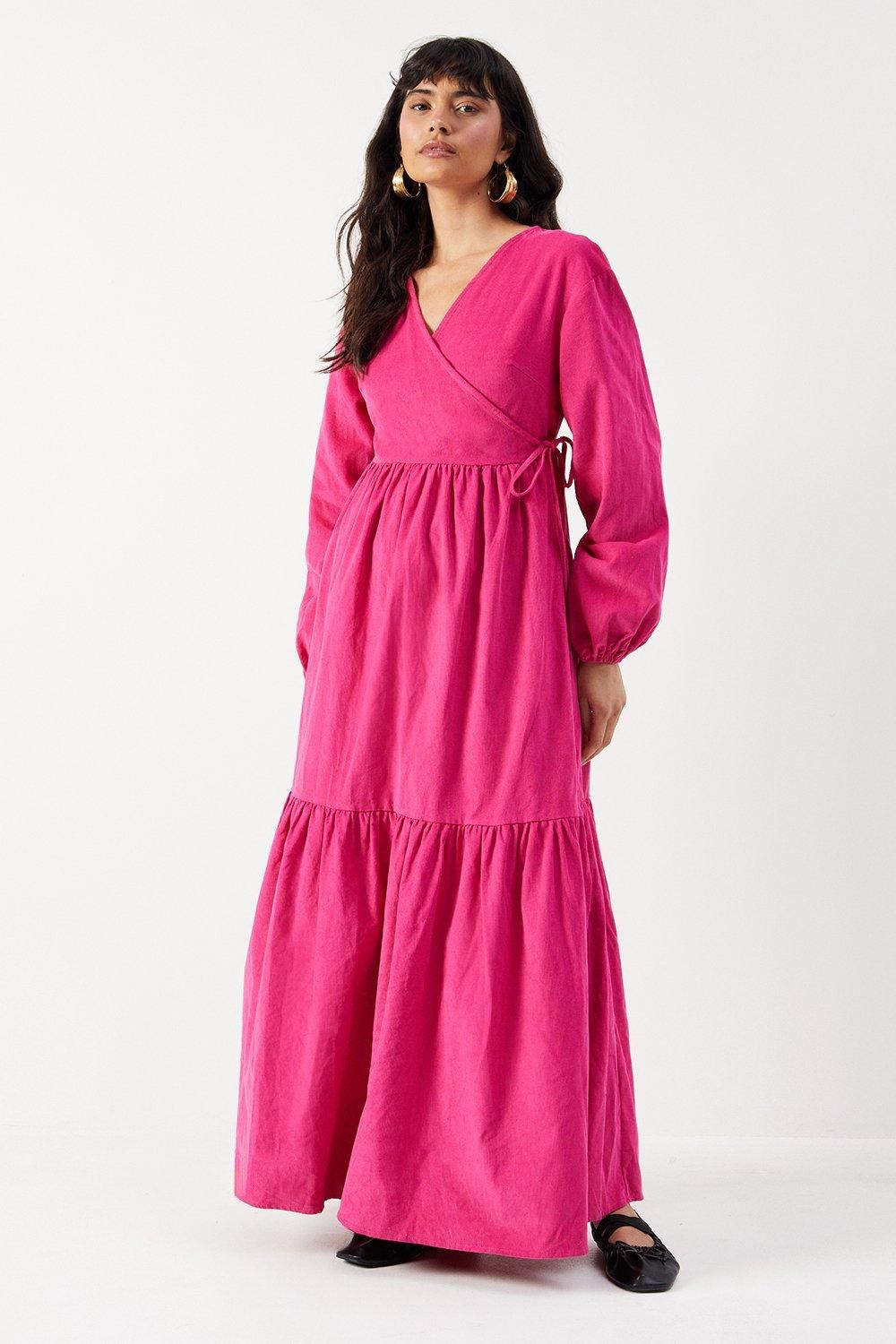 Warehouse Baby Cord Wrap Midi Smock Dress Hot Pink image 1