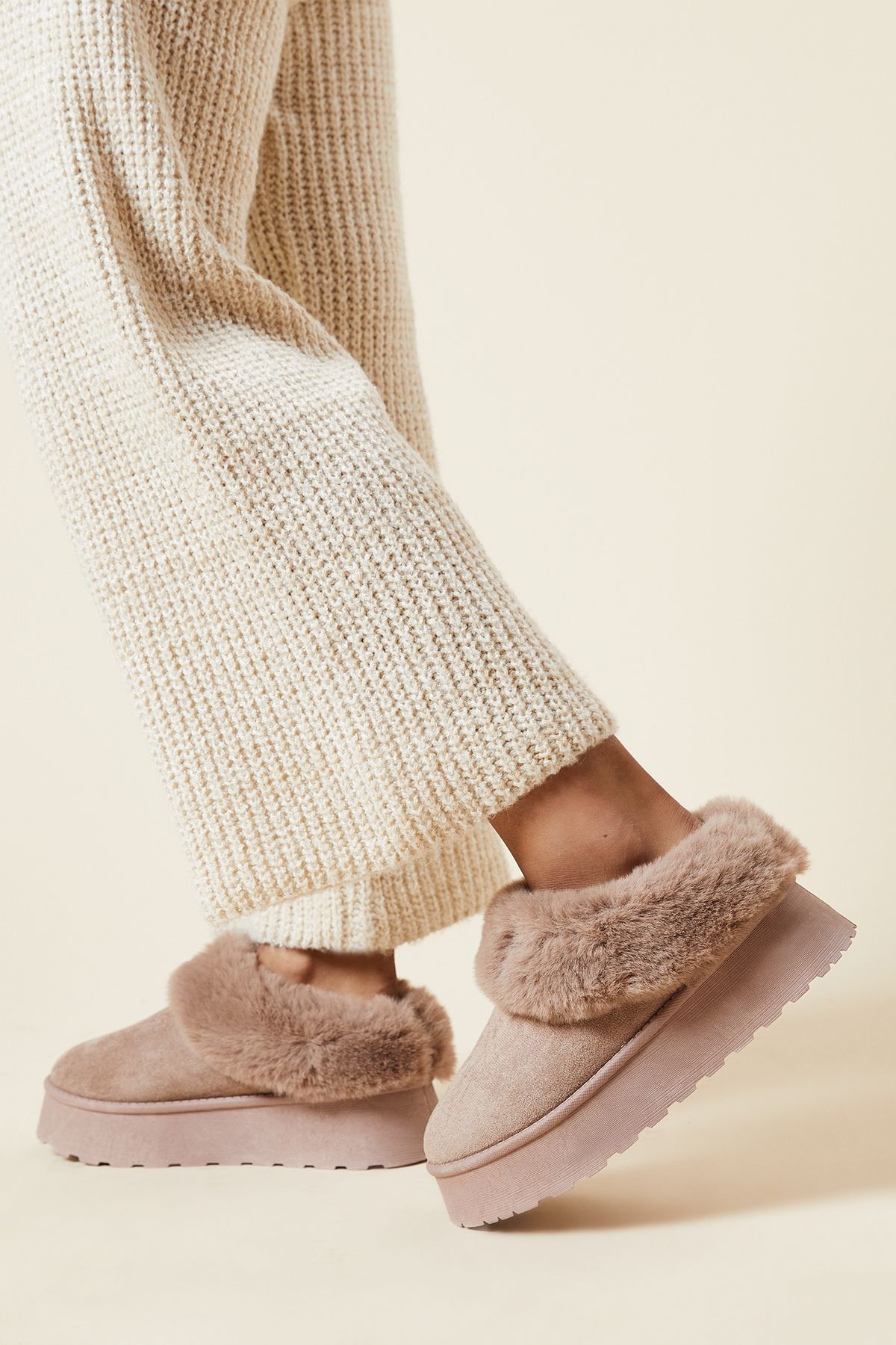 Dorothy Perkins Honora Suedette Faux Fur Lined Mule Slippers Taupe image 2