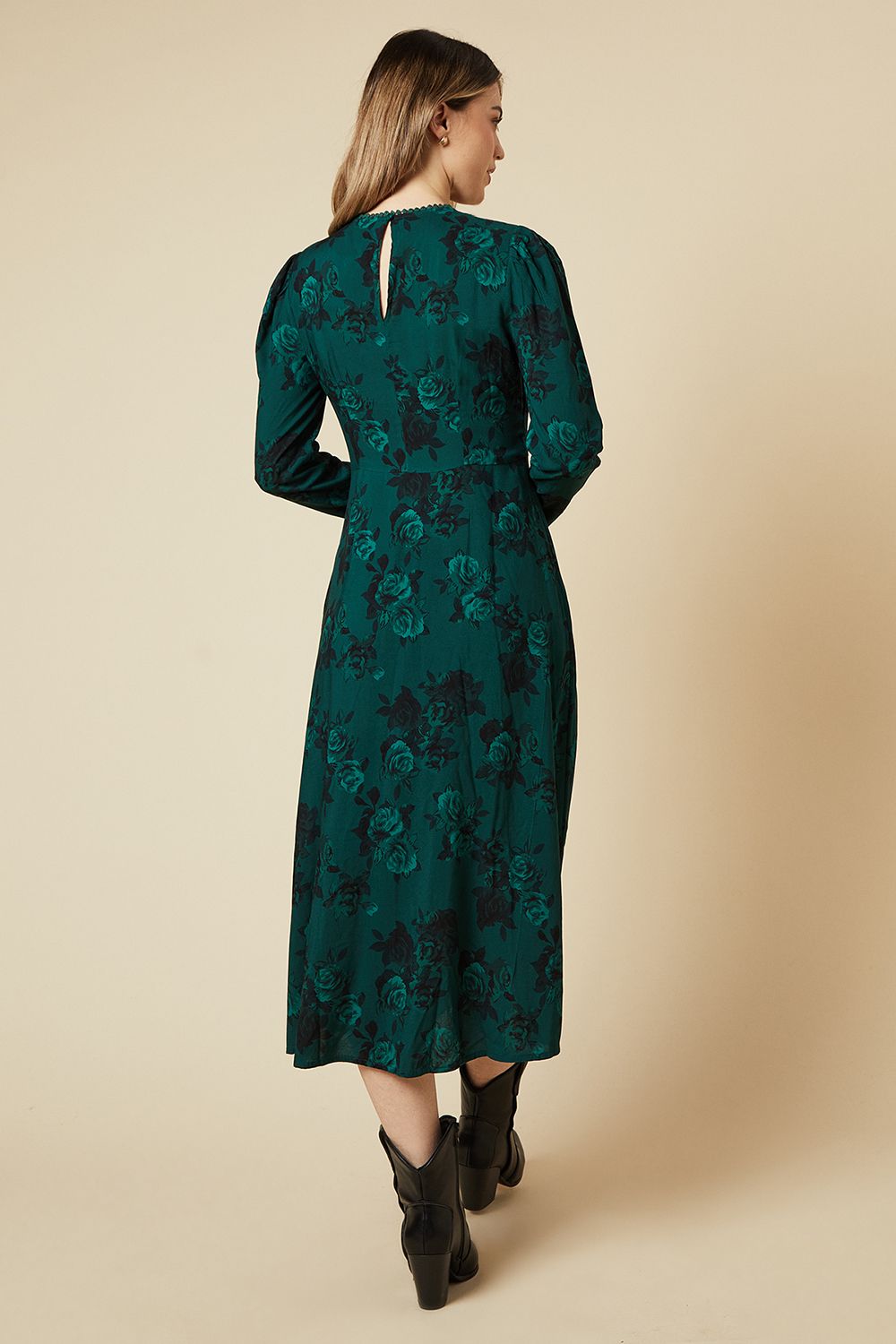 Dorothy Perkins Green Floral Lace Trim Body Long Sleeve Midi Dress Green image 3