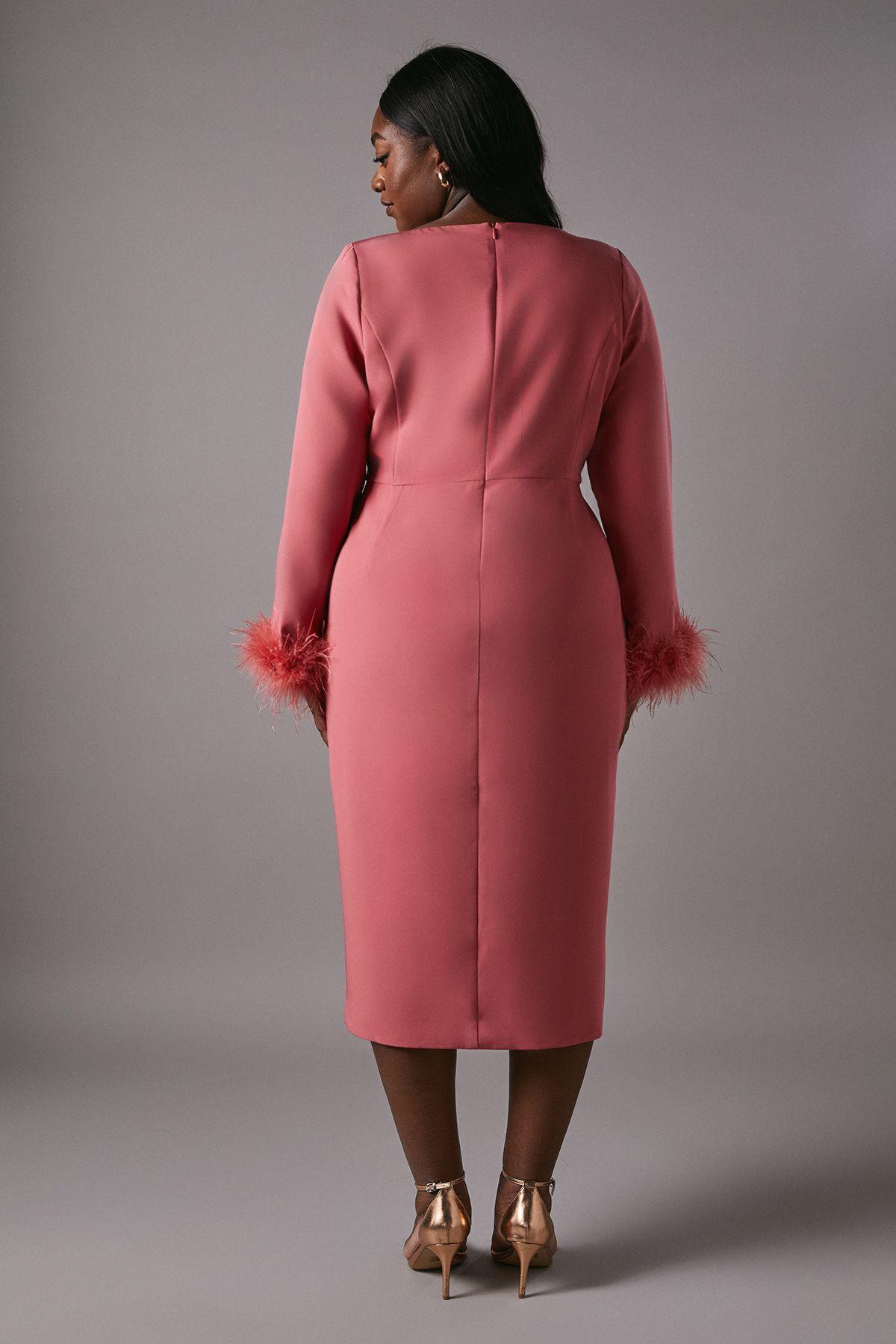 Coast Plus Feather Cuff Long Sleeve Pencil Dress Coral image 4