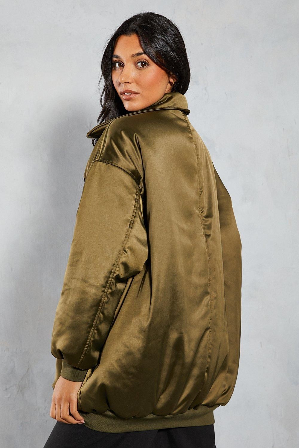 MissPap Oversized Longline Premium Satin Bomber Jacket Khaki image 3