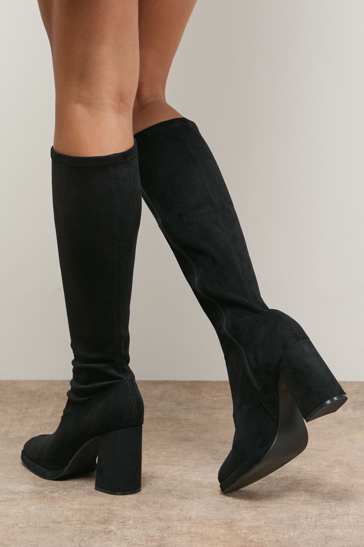 Oasis Florence Faux Suede Platform Block Heel Sock Knee Boots Natural Black image 4