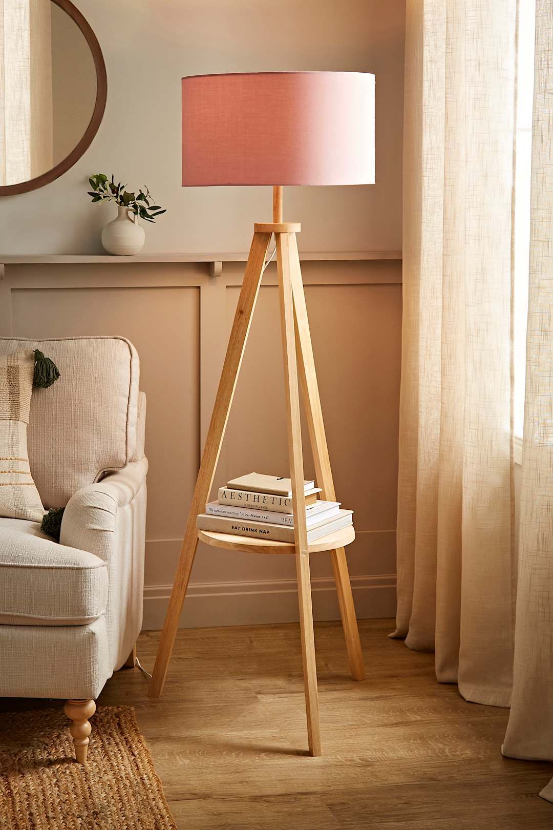 ValueLights Morrigan Natural Wood Tripod Floor Lamp with Fabric Drum Lamp Shade image 1