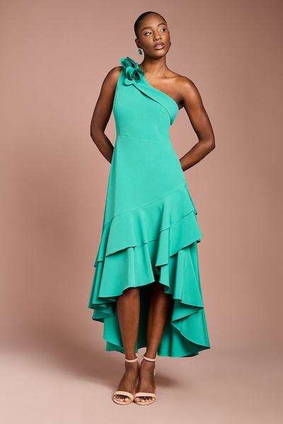 Coast One Shoulder Corsage Ruffle Crepe Midi Dress Teal