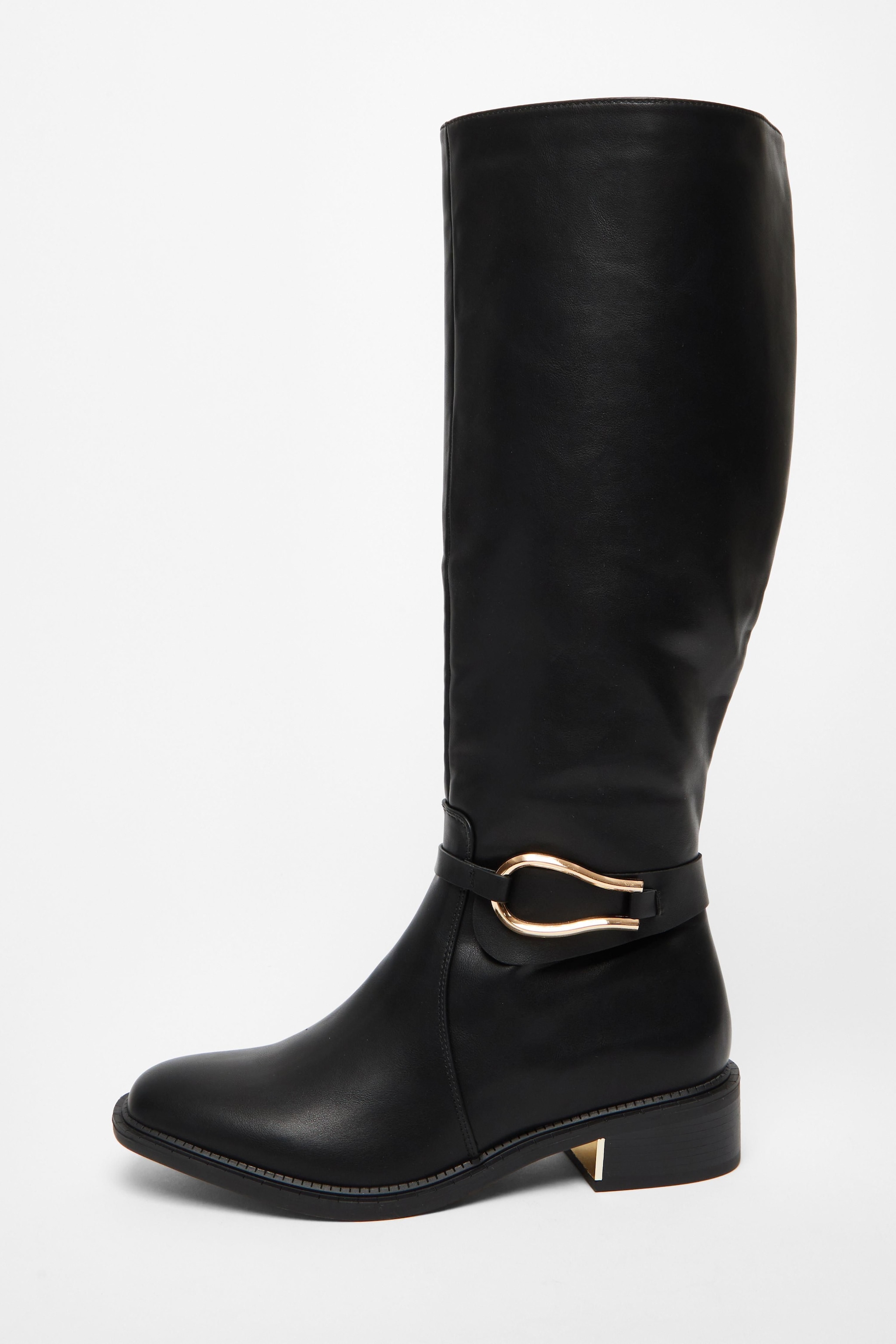 Quiz Black Wide Fit Faux Leather Knee High Flat Boots image 3