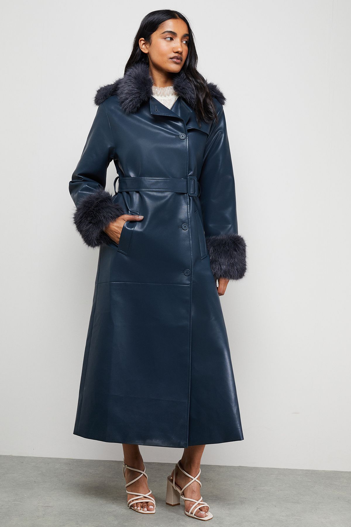 Warehouse PU Belted Faux Fur Collar Trench Coat Teal image 4