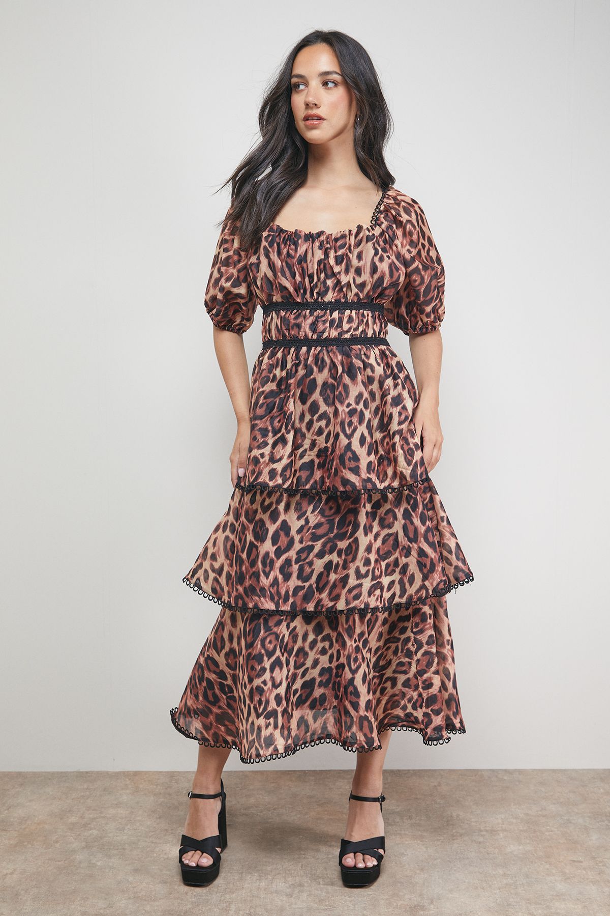 Oasis Puff Sleeve Tiered Midaxi Dress Animal image 1