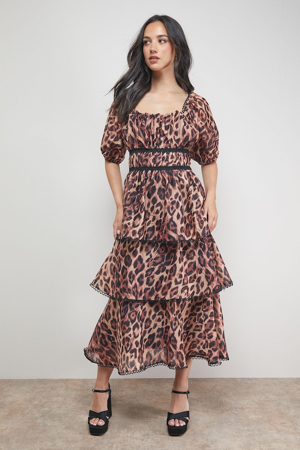 Oasis Puff Sleeve Tiered Midaxi Dress Animal