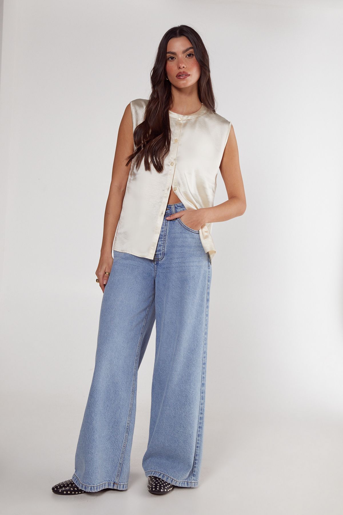 NastyGal Textured Satin Button Through Collarless Vest Champagne image 2