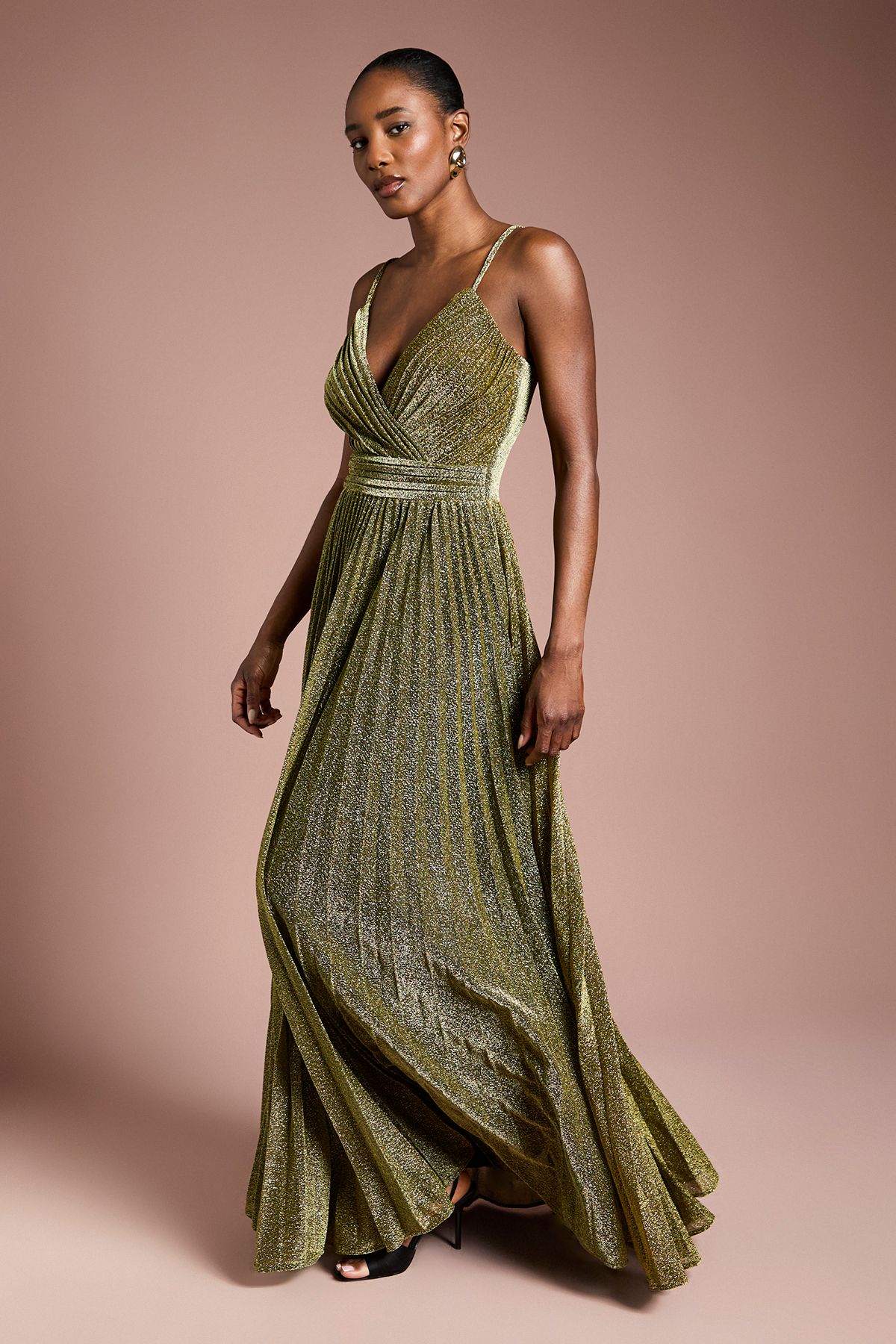 Coast V neck Cami Shimmer Pleated Maxi Dress Gold