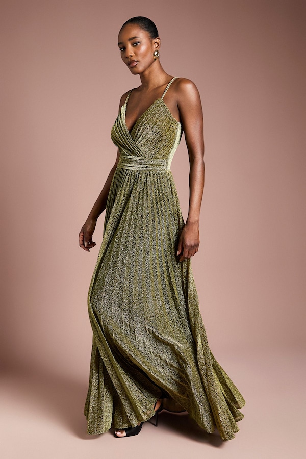 Coast V neck Cami Shimmer Pleated Maxi Dress Gold