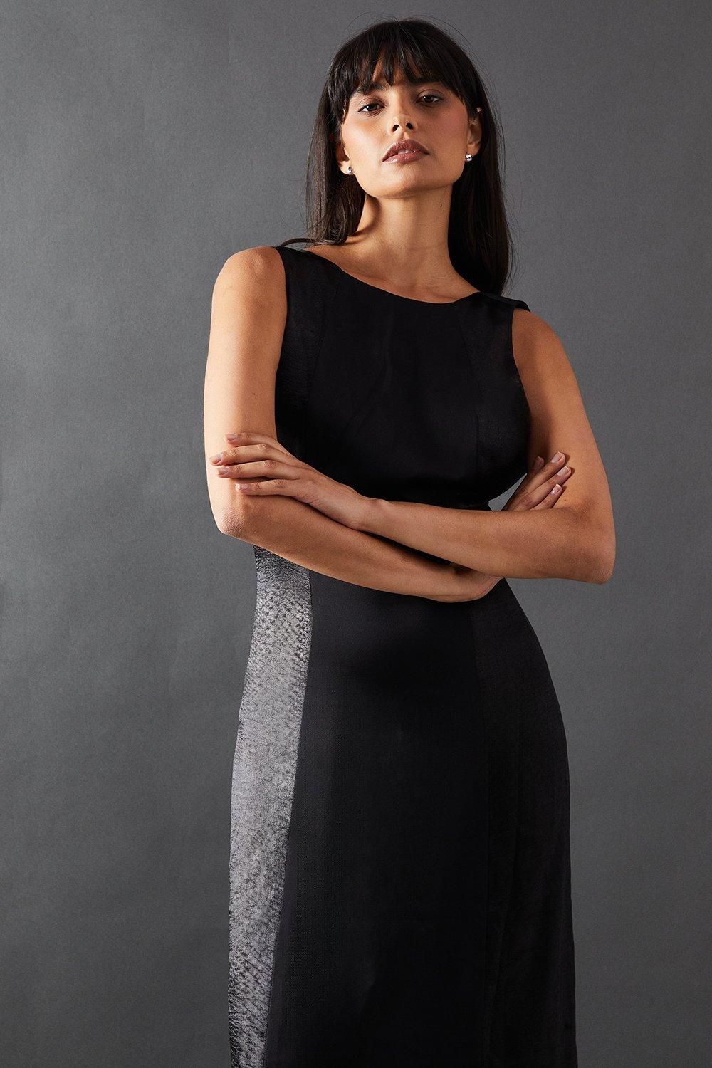 Warehouse Premium Mixed Satin Panel Open Back Midi Slip Dress Black image 2